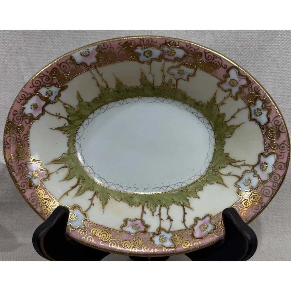 Antique Art Nouveau Hand Painted Floral Porcelain Oval Bowl Gold Moriage 1900s